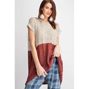 Easel Knit Tunic Top Sleeveless Sweater Hooded‎ Color Block Beige Rust size M